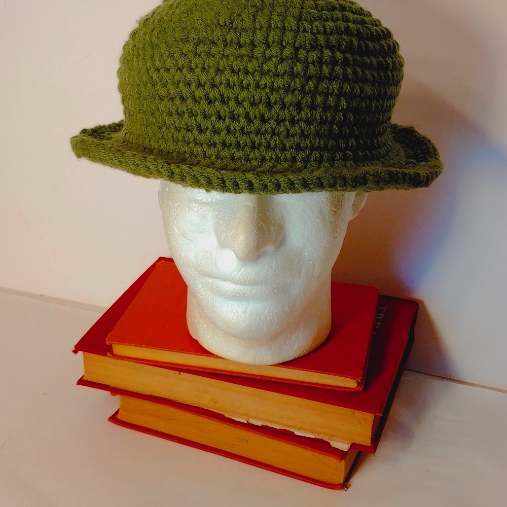 New Handmade Crocheted Non-wool Olive Green Derby Hat XL - Picture 8 of 9
